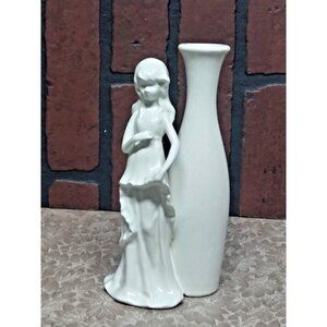 Vintage MCM Bud Vase w/Lady/woman Ceramic 7 3/4" white w/hint of blue Gorgeous